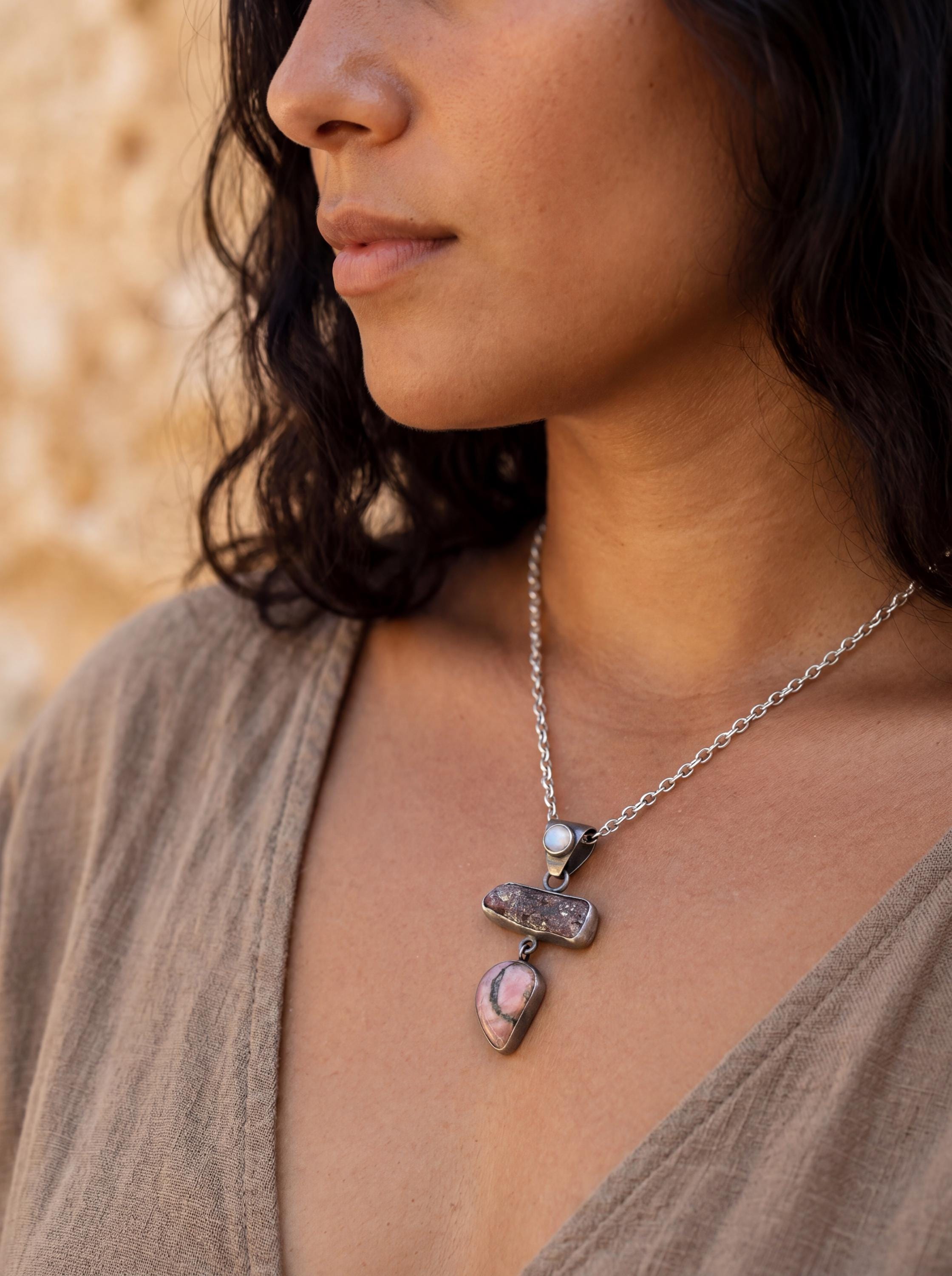 Moonstone Raw Ruby Rhodochrosite Pendant, Oxidized Sterling Silver, Brushed Dangle Charm, Heart Root Chakra, Cancer Leo