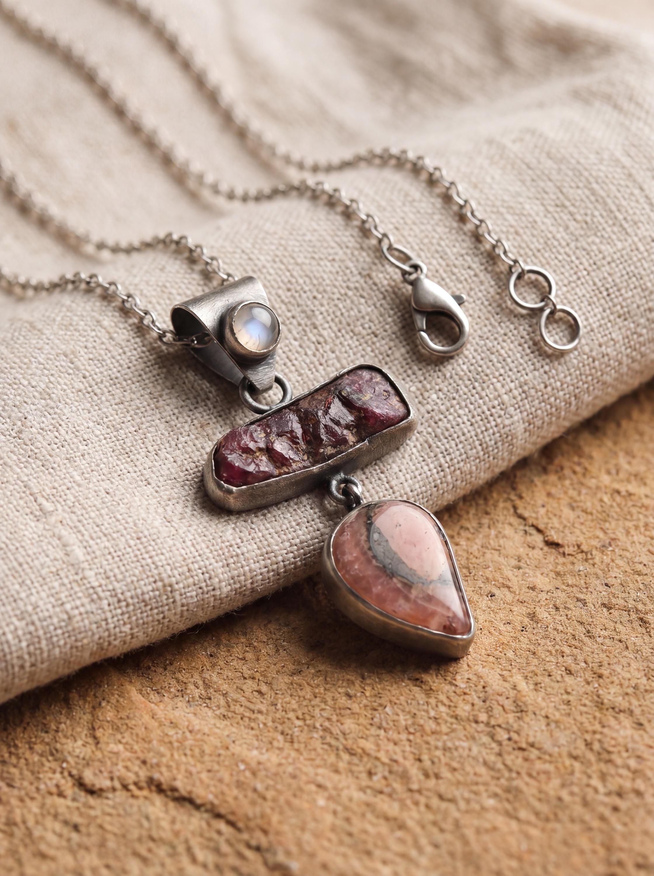 Moonstone Raw Ruby Rhodochrosite Pendant, Oxidized Sterling Silver, Brushed Dangle Charm, Heart Root Chakra, Cancer Leo