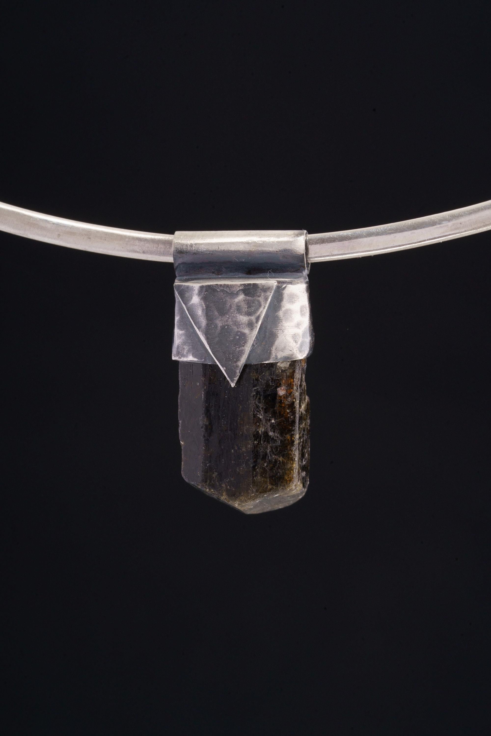 Himalayan Dravite Tourmaline Stack Pendant shown worn on a black necklace with oxidized 925 silver cap.