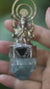 Ganesha Brass Cast Pendant, Aqua Aura Window Quartz Point Gem Grade Blue Tourmaline Slice, 925 Silver Bezel, Oxidized & Hammered Textured