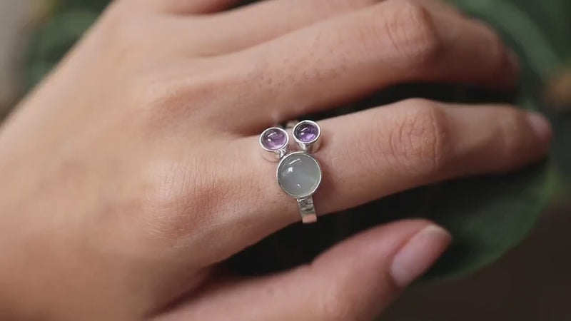 Amethyst Aquamarine Ring 925 Sterling Silver Adjustable Triple Stone Band Throat Third Eye Crown Chakra Gift
