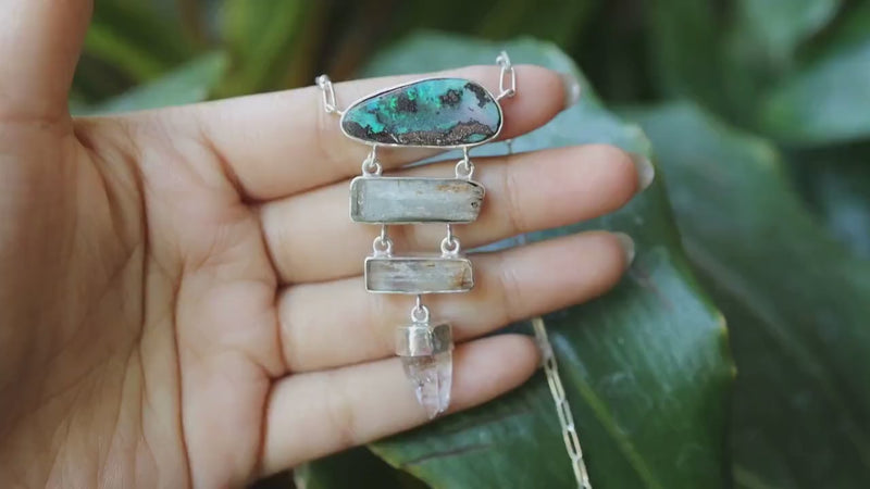 Boulder Opal Aquamarine Lemurian Quartz Pendant 925 Silver Australian Crystal Crown Throat Chakra Gift
