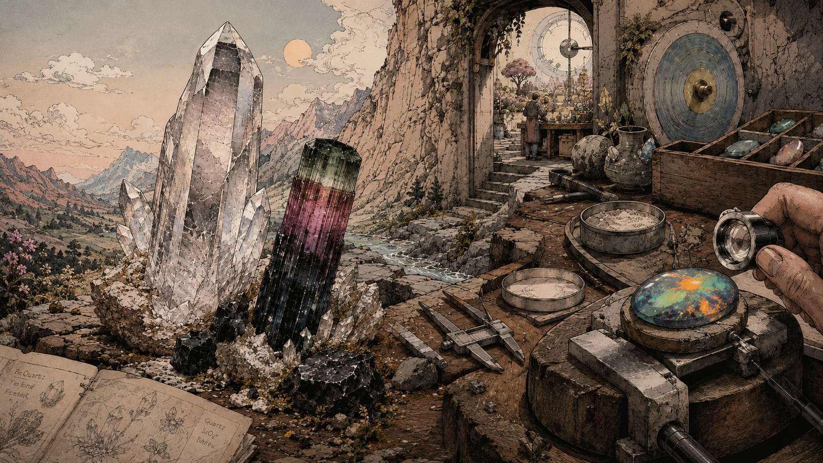 Illustrated Crystal Culture hero scene showing raw crystal specimens, polished stones, and a maker’s bench in a surreal mineral-world editorial setting.