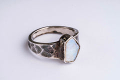 White Precious Lightening ridge Opal solid Sterling Silver Ring Textured & Oxidised No23