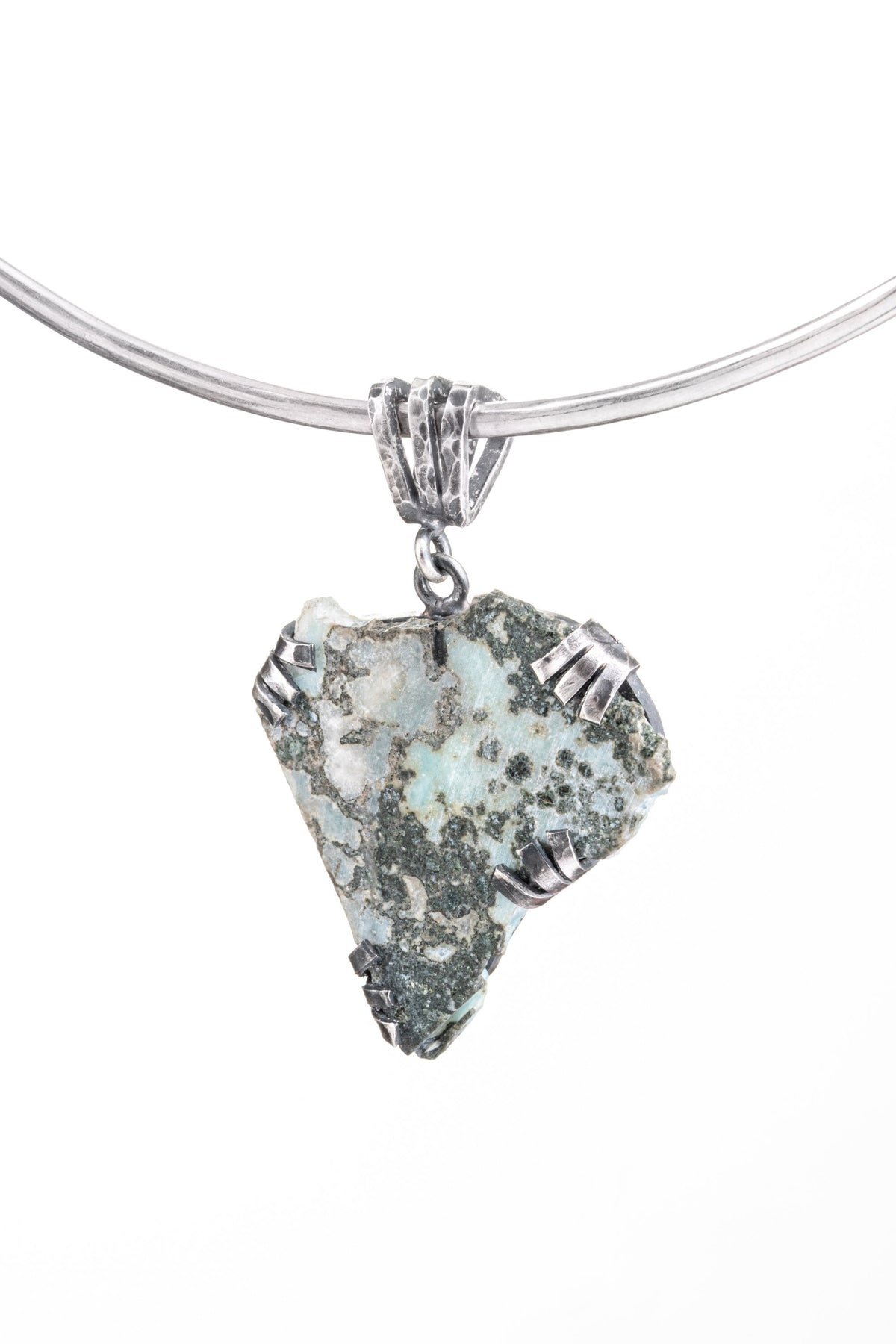 Large Natural unpolished Larimar - 925 Sterling Silver - Hammered & Oxidised - Three Claw Wire Setting - Pendant Neckpiece N/11