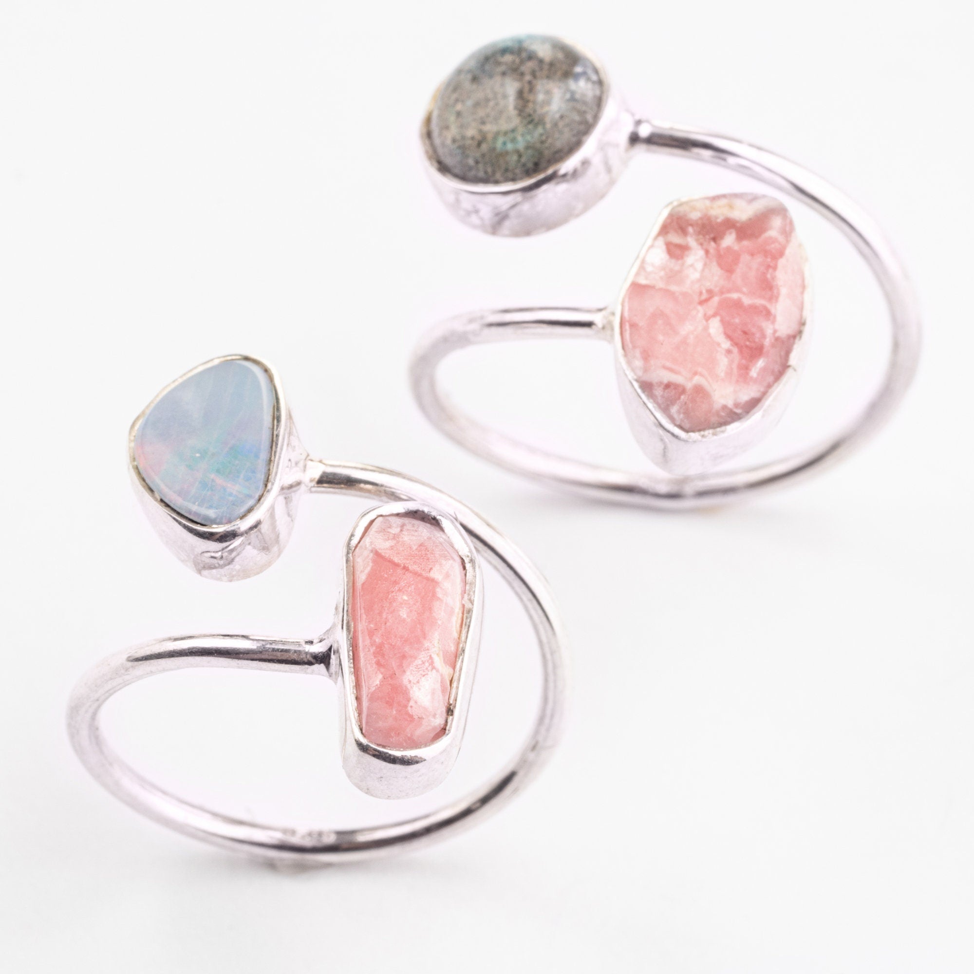 Double Stone - Labradorite & Rhodochrosite - Open Adjustable Selection - 925 Sterling Silver Ring