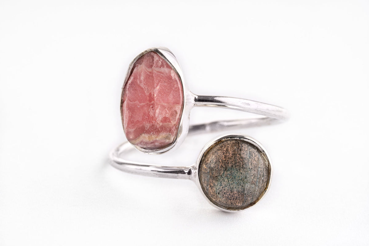 Double Stone - Labradorite & Rhodochrosite - Open Adjustable Selection - 925 Sterling Silver Ring