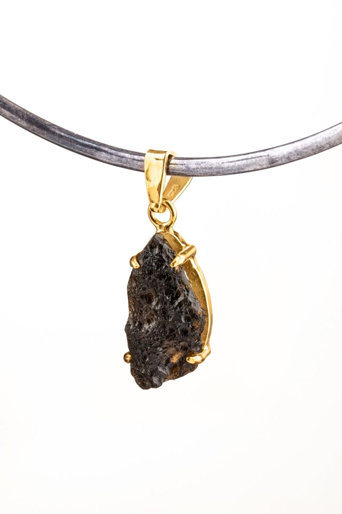 Rare Natural Darwin Glass Tektite - 925 Sterling Silver Gold Plated - Hammered Textured Claw Setting - Pendant Neckpiece No7