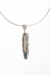 Vibrant Large Rare Ocean Kyanite Covered In Mica - Oxidised Sterling Silver - Hammered Three Claw Setting - Crystal Pendant Neckpiece