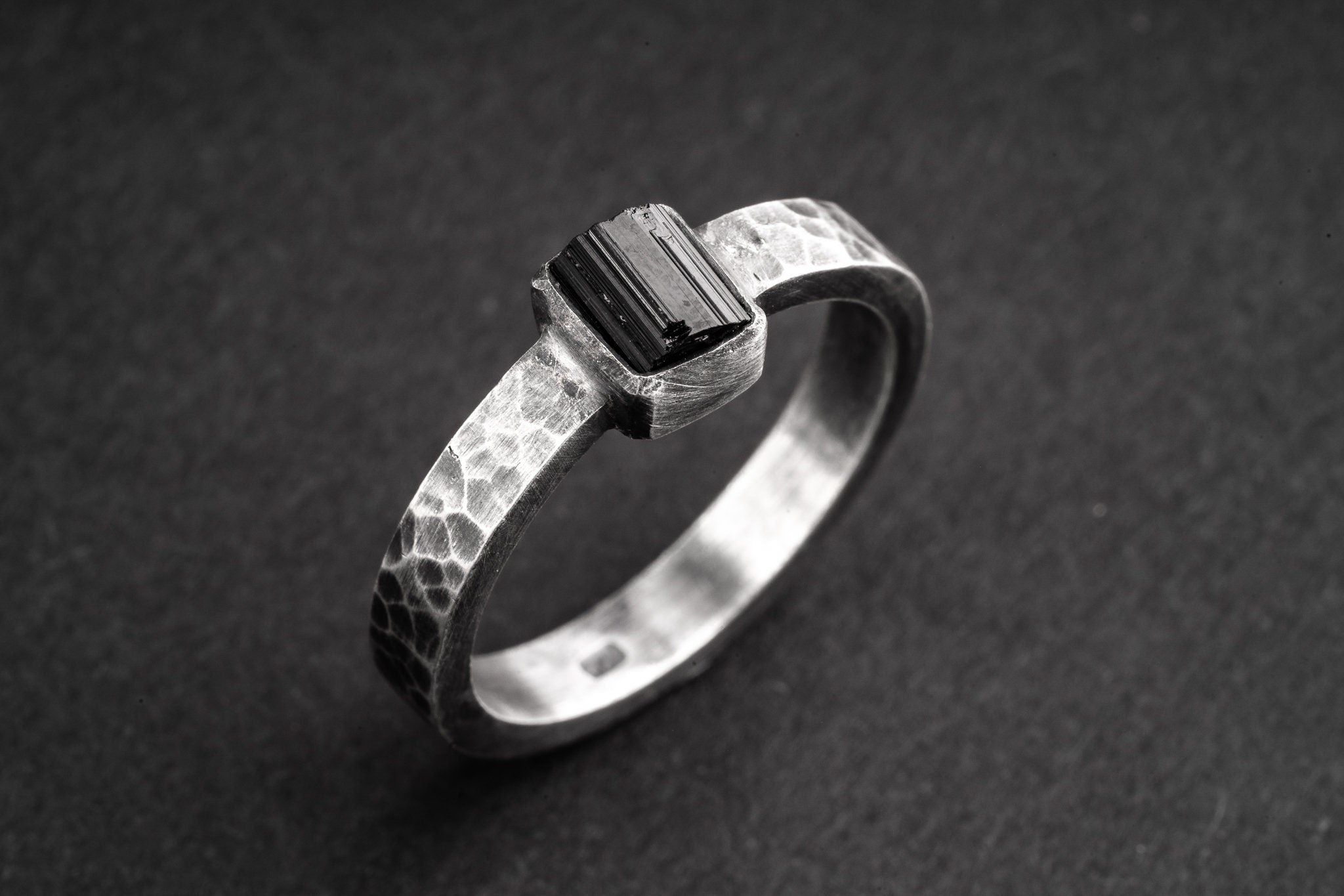 Raw Black Tourmaline - Mens Ring / Jewellery - Size 11 US - Sterling Silver - Hammer Textured Oxidised No12