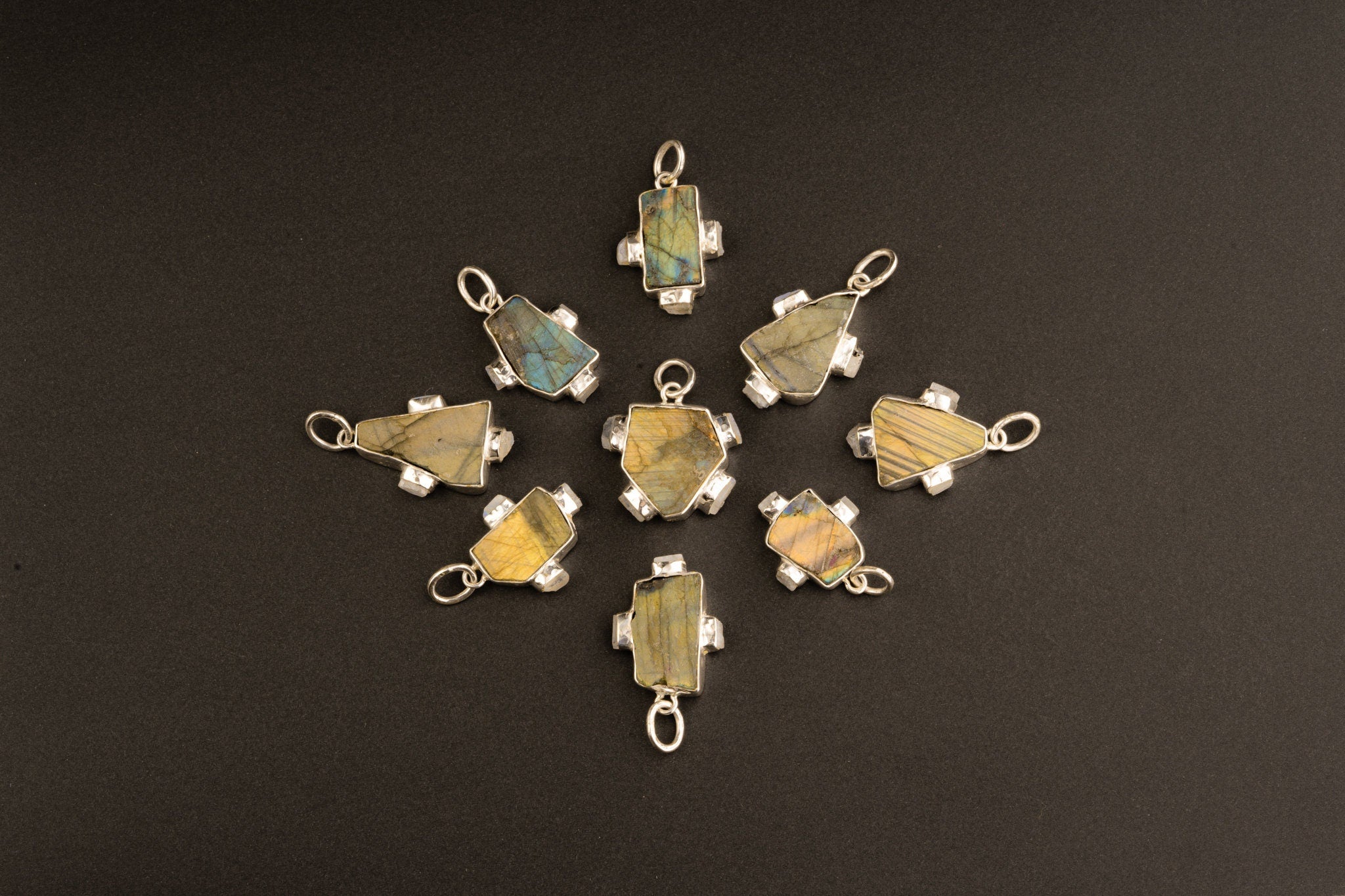 Raw Rainbow Labradorite & Raw blue Moonstone - Multistone Hammer textured Sterling Silver - Crystal Pendant Necklace