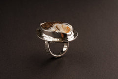 Ammonite Fossilised Shell slice Ring - Adjustable Crystal Ring - Textured Band and bezel - Abstract brass dressing - Size 4 - 10 US