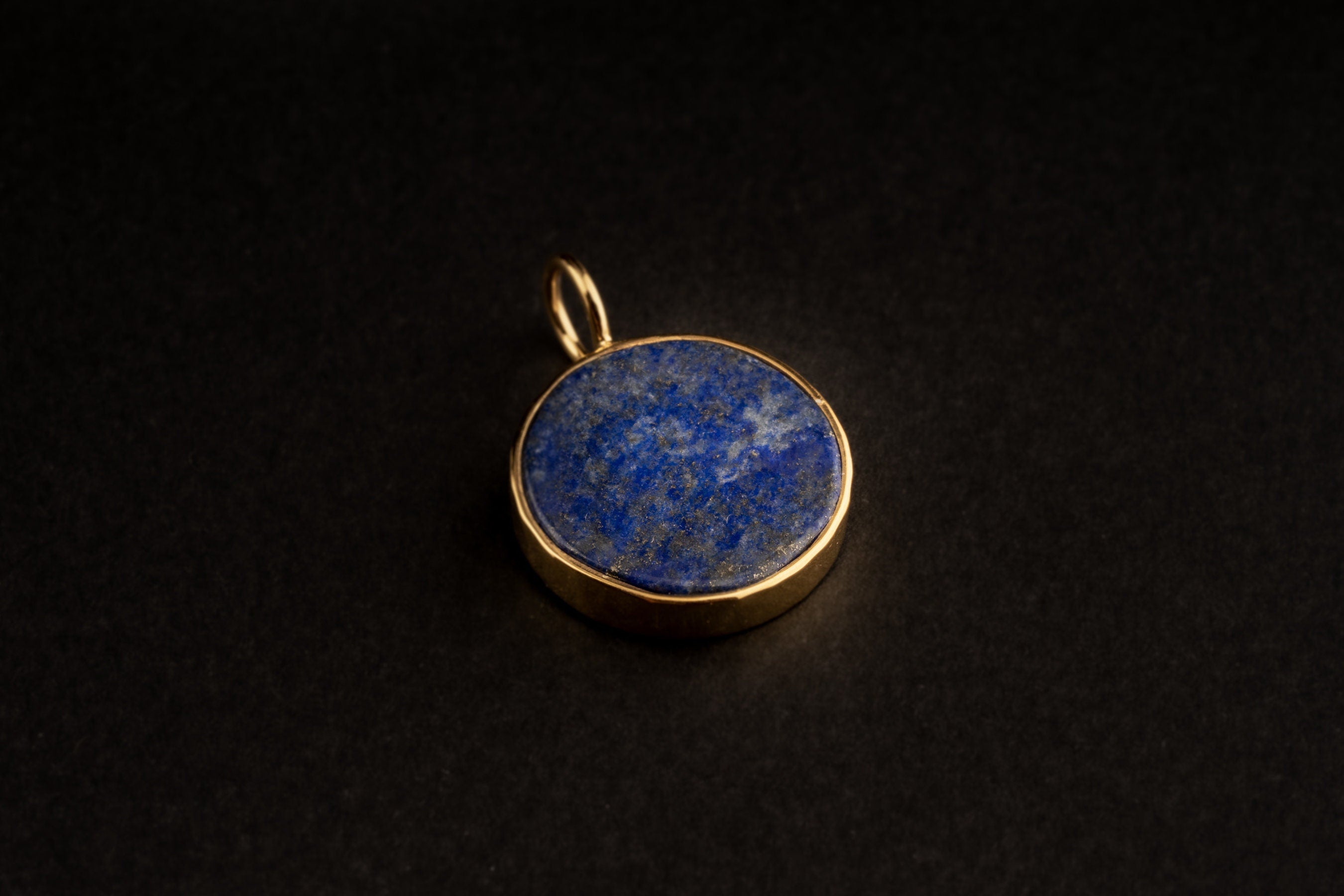 One Round Cut Lapis Lazuli Necklace - Gold Plated Textured Sterling Silver - Crystal Charm Pendant