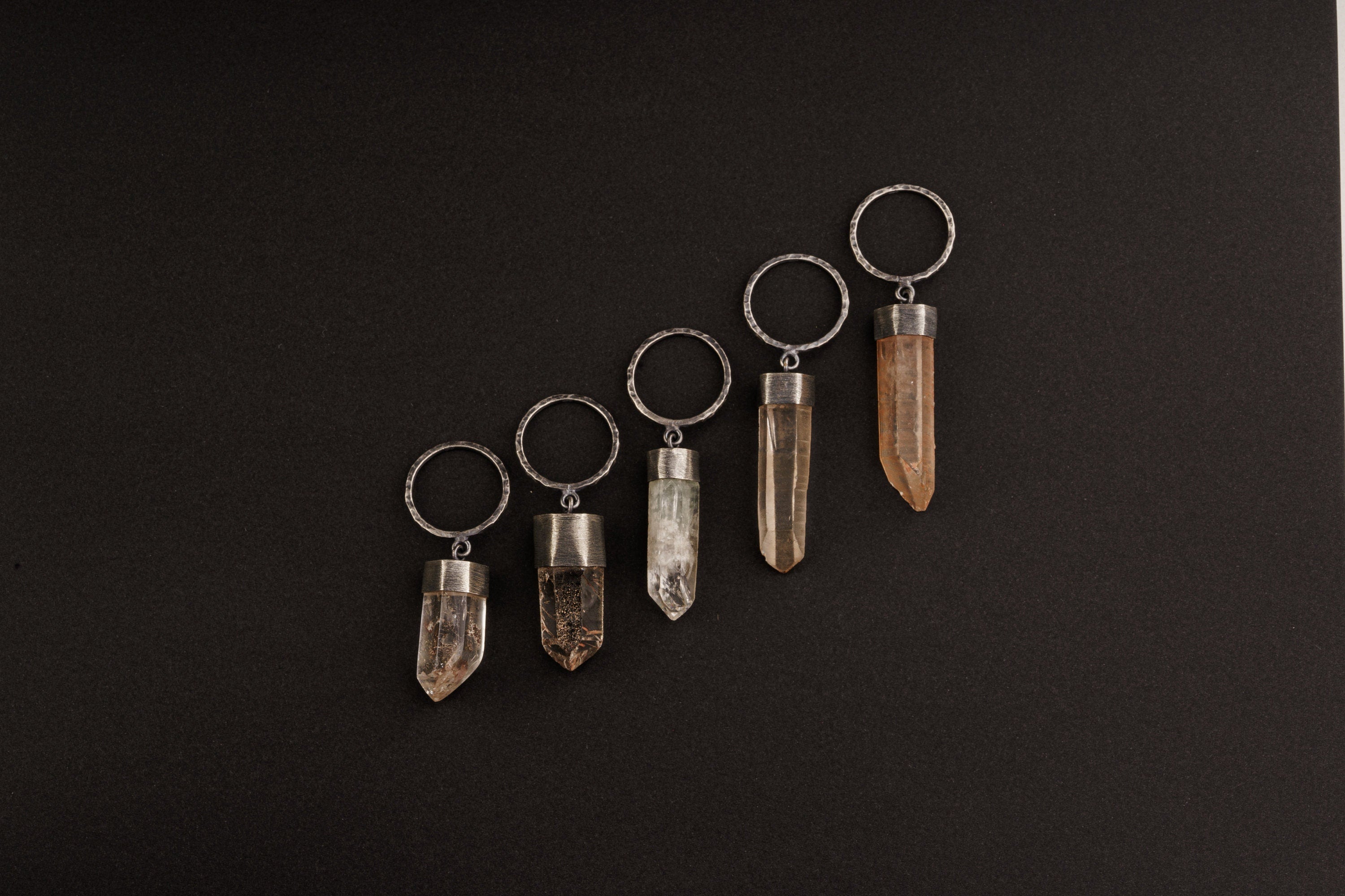 Tumbled Rutile Quartz Point - Keyring / Keychain - Textured & Oxidised - 925 sterling silver - Crystal Pendant