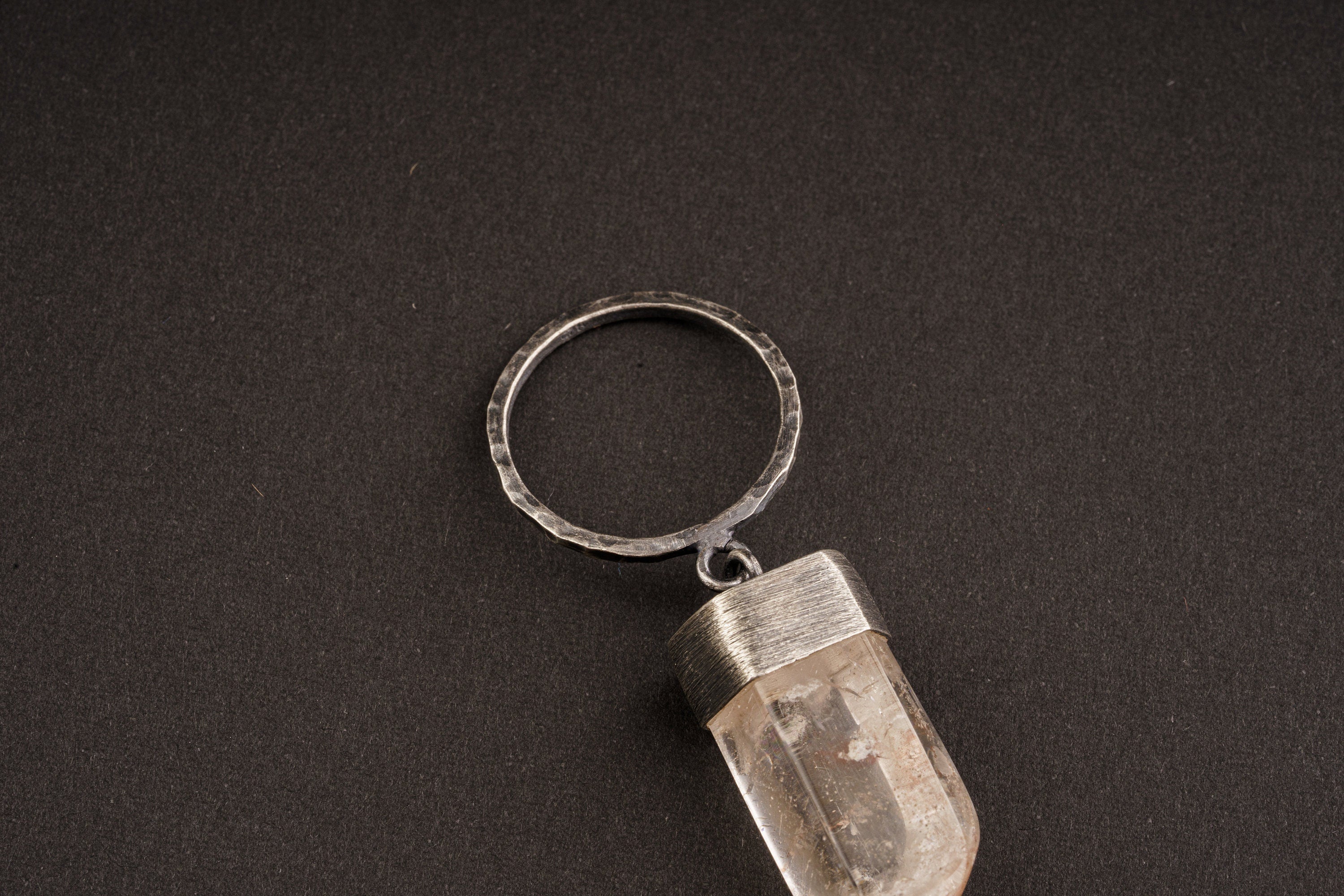 Tumbled Rutile Quartz Point - Keyring / Keychain - Textured & Oxidised - 925 sterling silver - Crystal Pendant