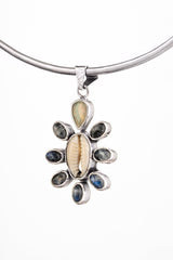 Cowrie Shell. Moonstone & Opal - 925 Sterling Silver - Mandala Setting - Pendant Necklace