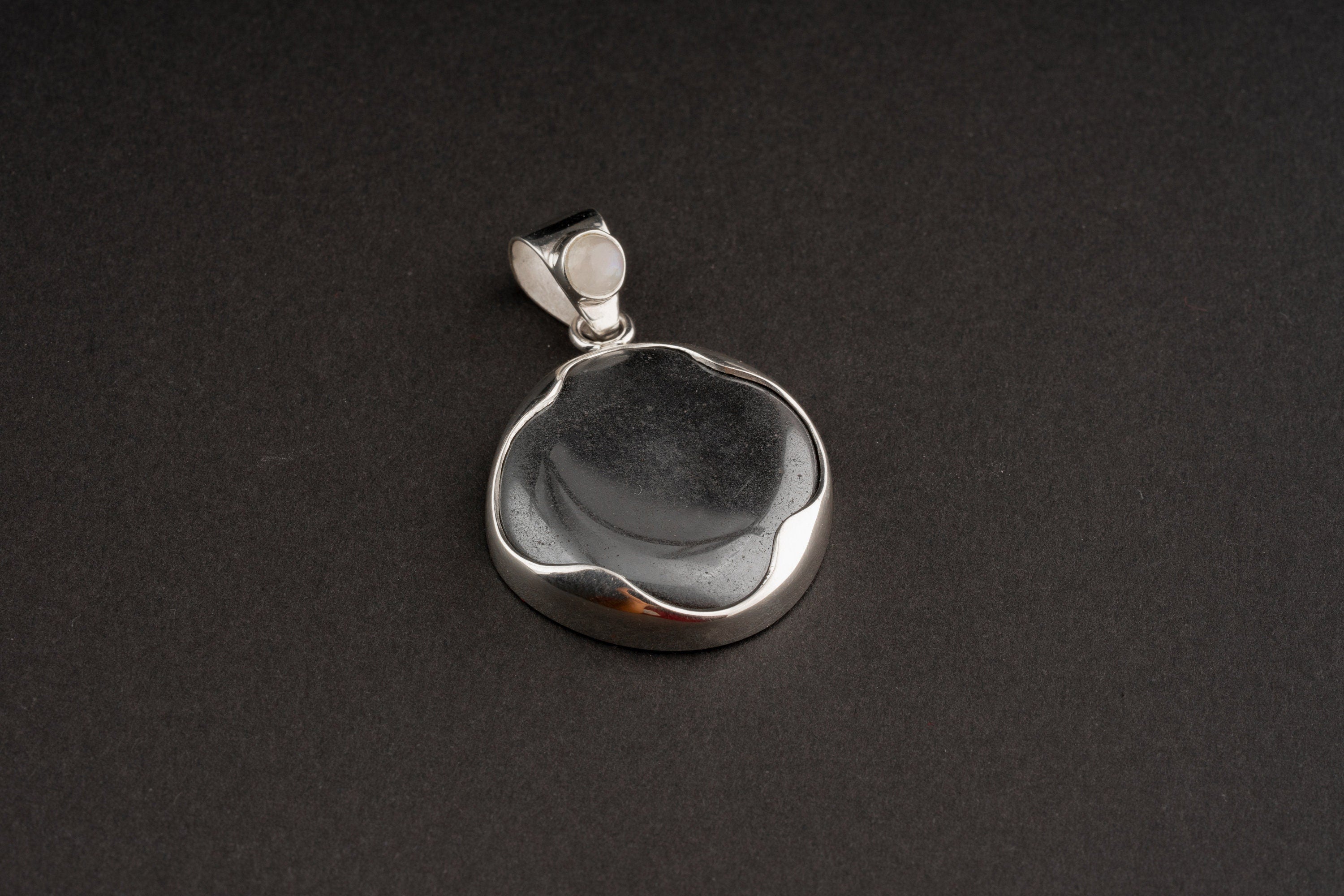 OneSmooth Pyrite disk crowned with Moonstone - Crystal Pendant Necklace - 925 Sterling Silver - rounded Bezel open-back set