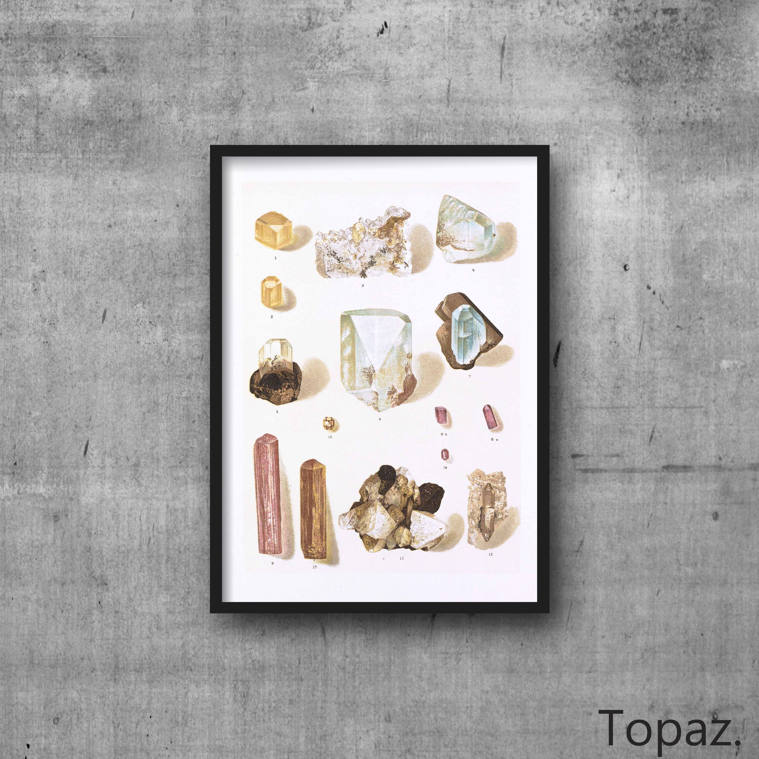 Topaz Crystal Mineral High Resolution Digital Image 300 DPI Vintage Antique watercolour Illustration Print Poster, Wall Art