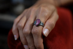 Raw Ruby -Solid 925 Sterling Silver Ring - Hammered Textured & Oxidised No.3
