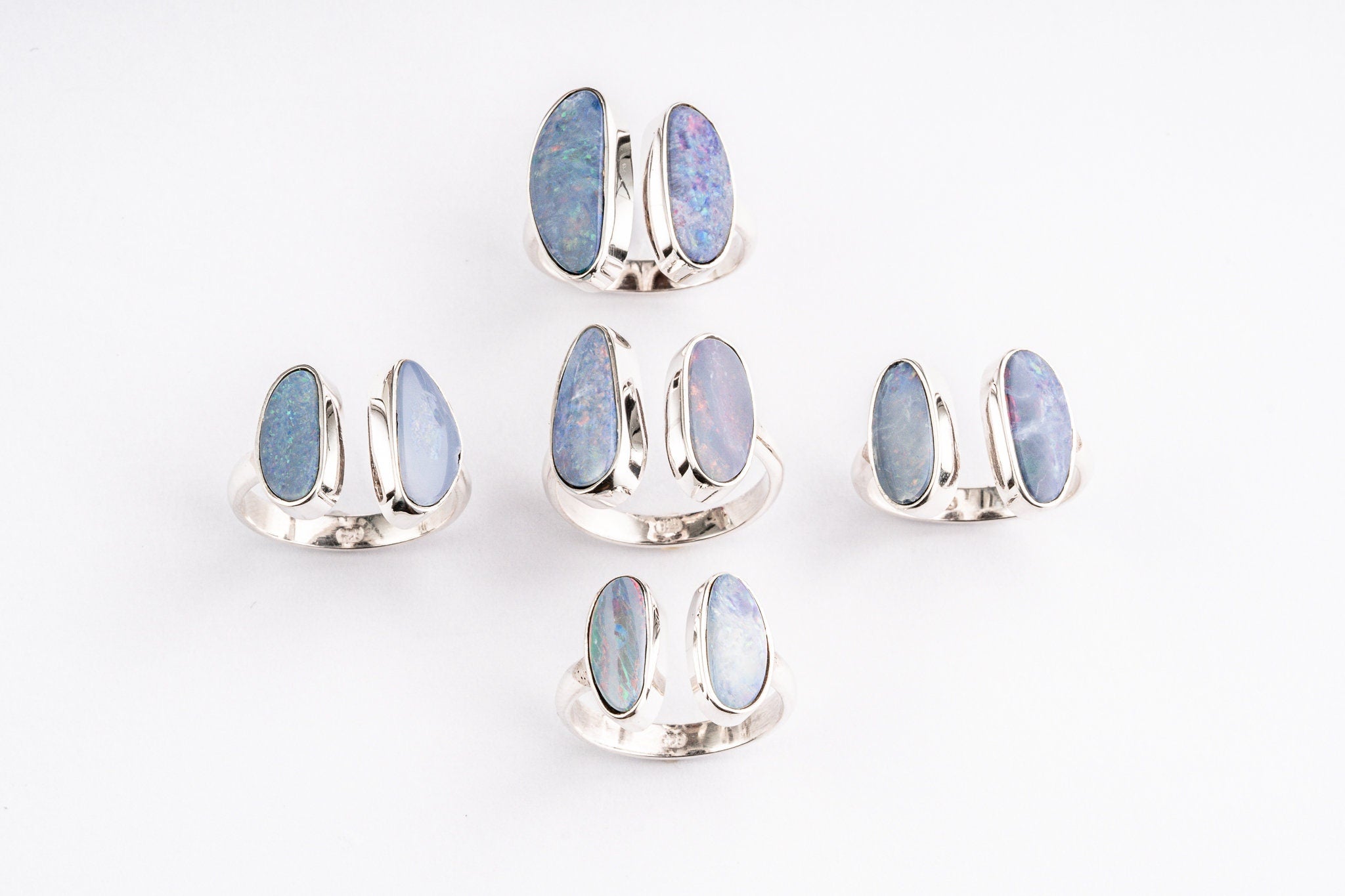 Australian Opal Doublet - Double Stone Open Ring - Adjustable Size 5-9 US - 925 Sterling Silver