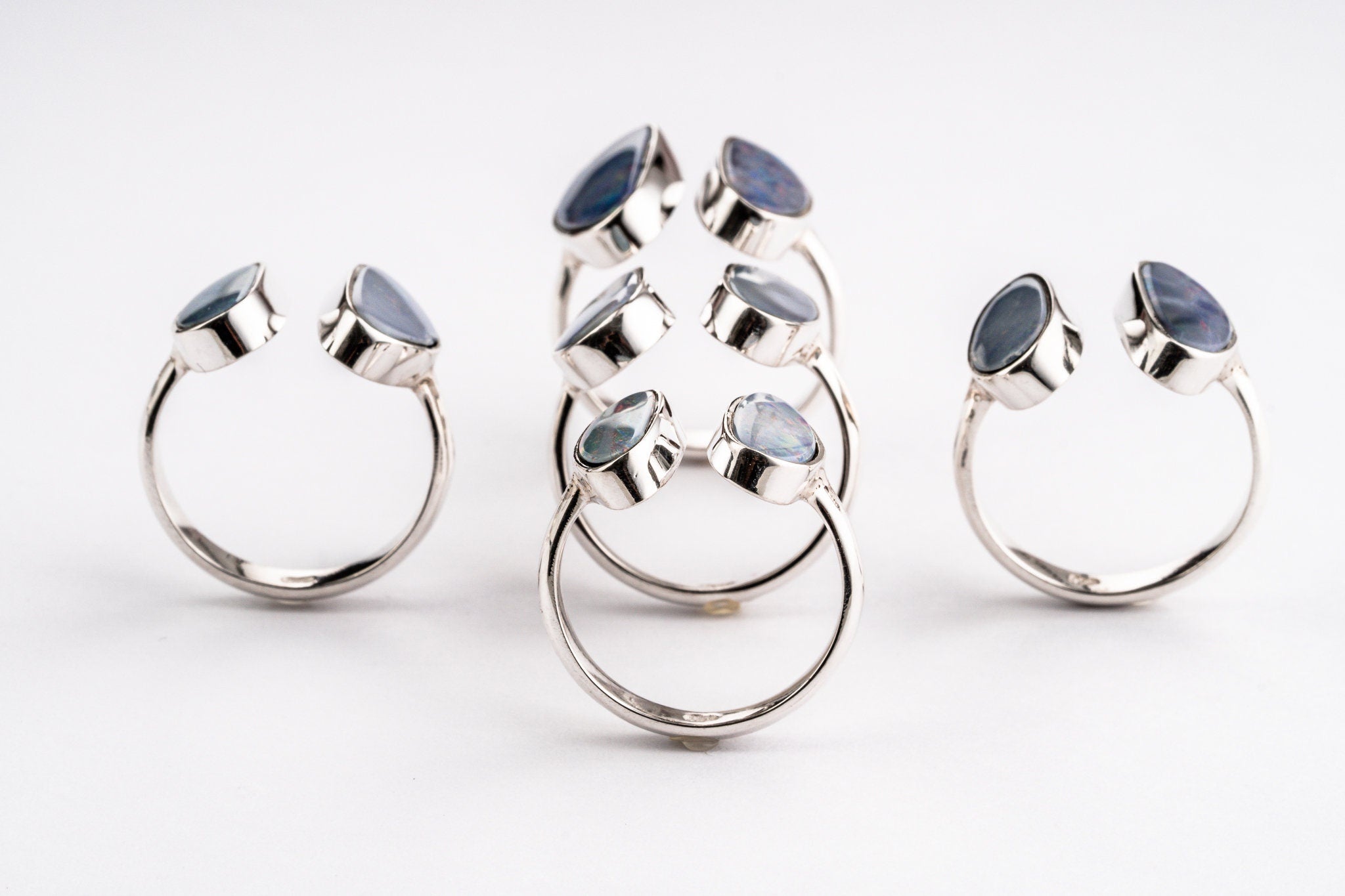 Australian Opal Doublet - Double Stone Open Ring - Adjustable Size 5-9 US - 925 Sterling Silver