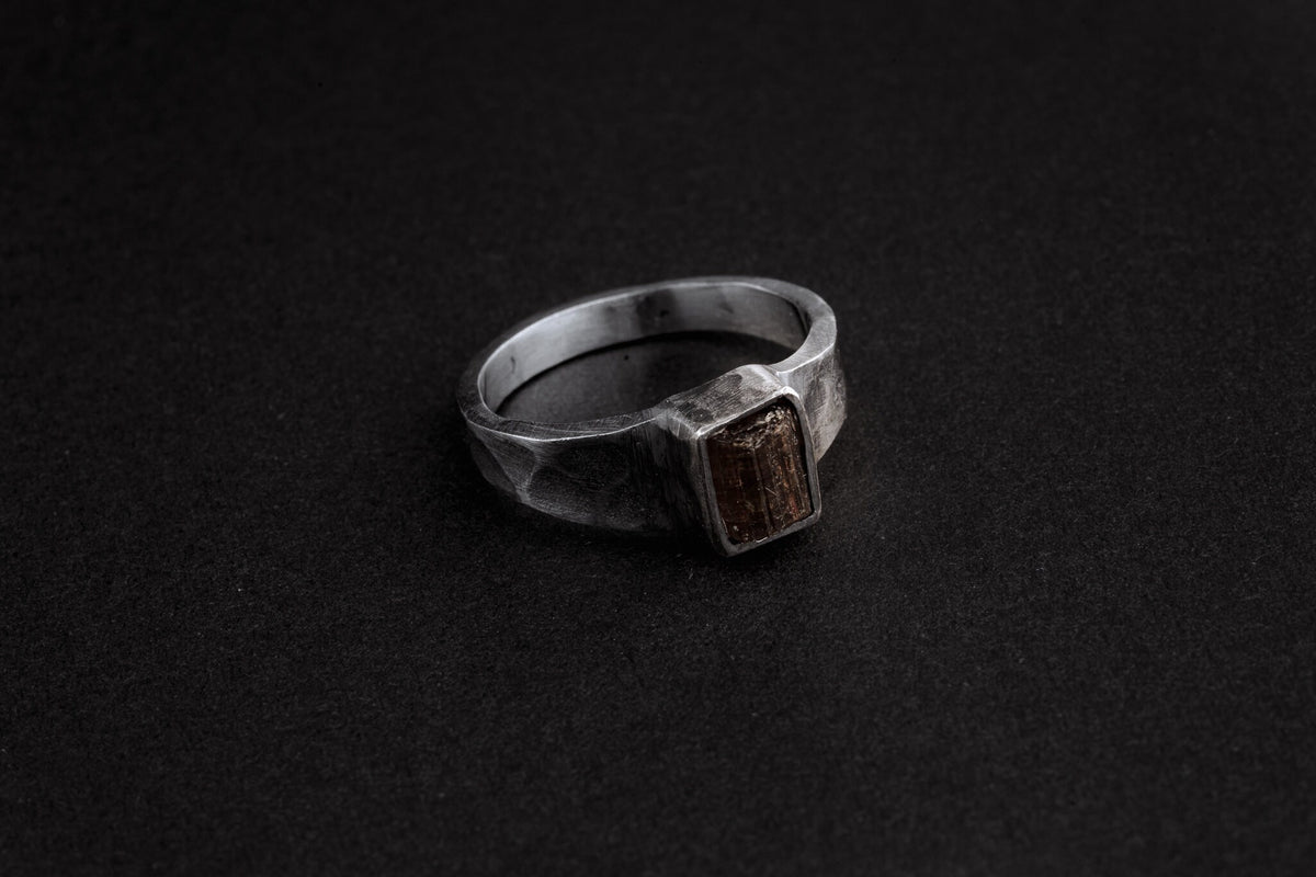 Raw Pink / Green Tourmaline - Large ( Men's ) - Size 8 US - 925 Sterling Silver - Hammer Textured Oxidised