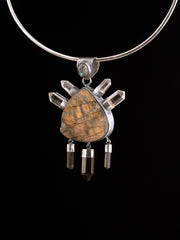 Raw Fiery Labradorite, four cut Clear Quartz pointing up & 3 Citrine points dangling of the bottom - Rustic finish - Crystal Pendant