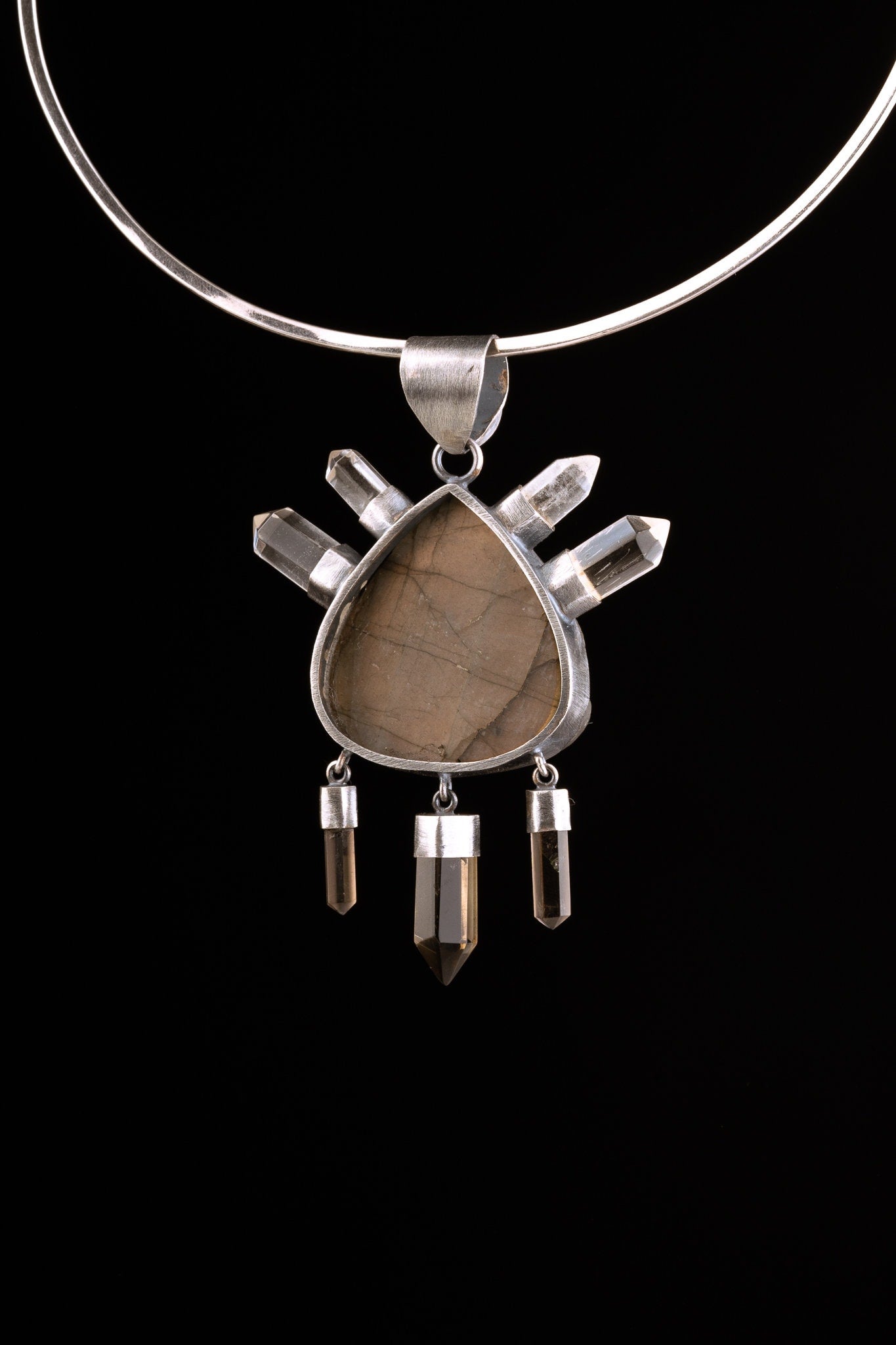 Raw Fiery Labradorite, four cut Clear Quartz pointing up & 3 Citrine points dangling of the bottom - Rustic finish - Crystal Pendant