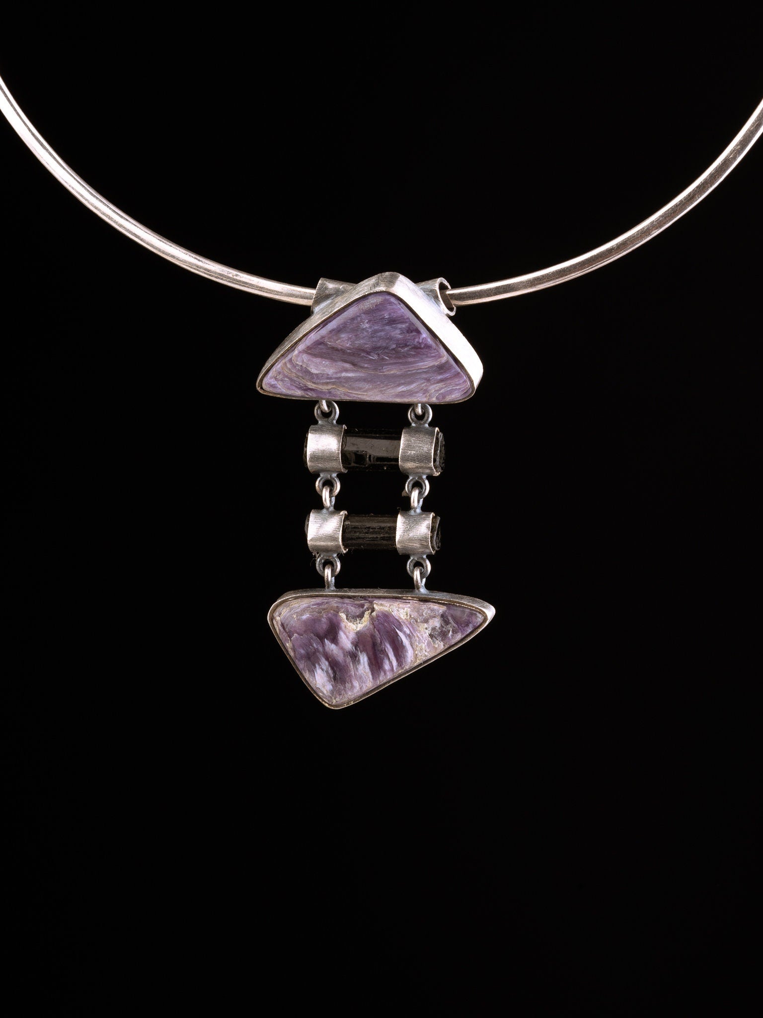 Double AAA Charoite & double natural black Tourmaline sticks - Sterling Silver - Rustic Finish - Pendant