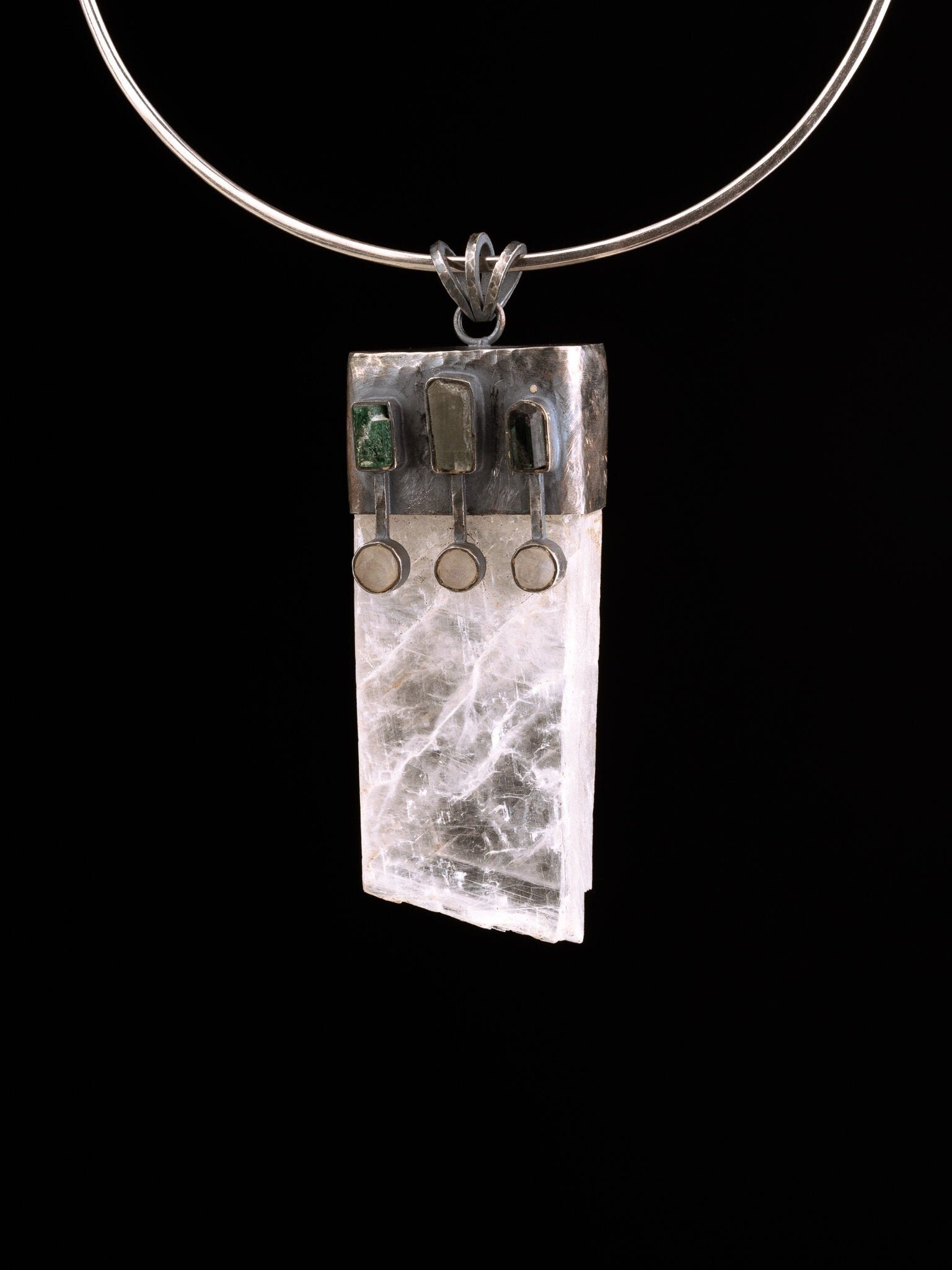 Emerald, Aquamarine, Blue tourmaline & Moonstone prized atop a chuck of optical Selenite - Sterling Silver - Rustic Finish - Pendant