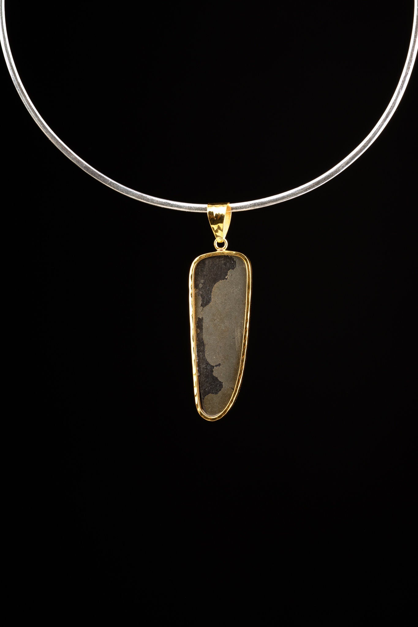 Long gold plated Pyrite raw Tooth Cabochon necklace - Gold Plated Textured Sterling Silver Setting - Crystal Pendant
