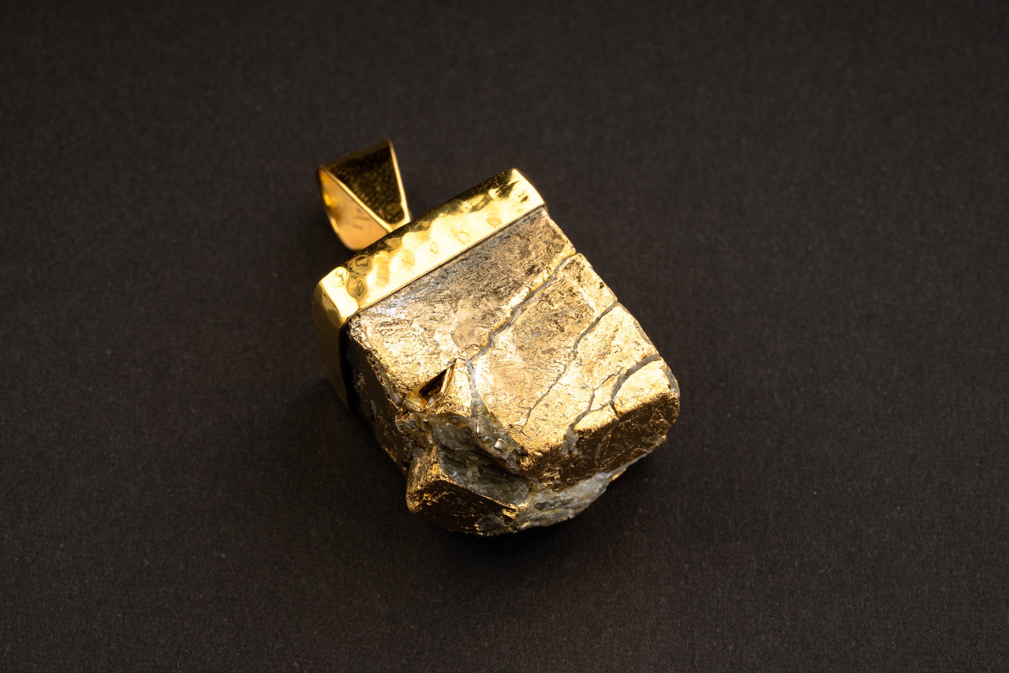 Well formed large gold plated raw Cubic Pyrite necklace - Gold Plated Textured Sterling Silver Setting - Crystal Pendant