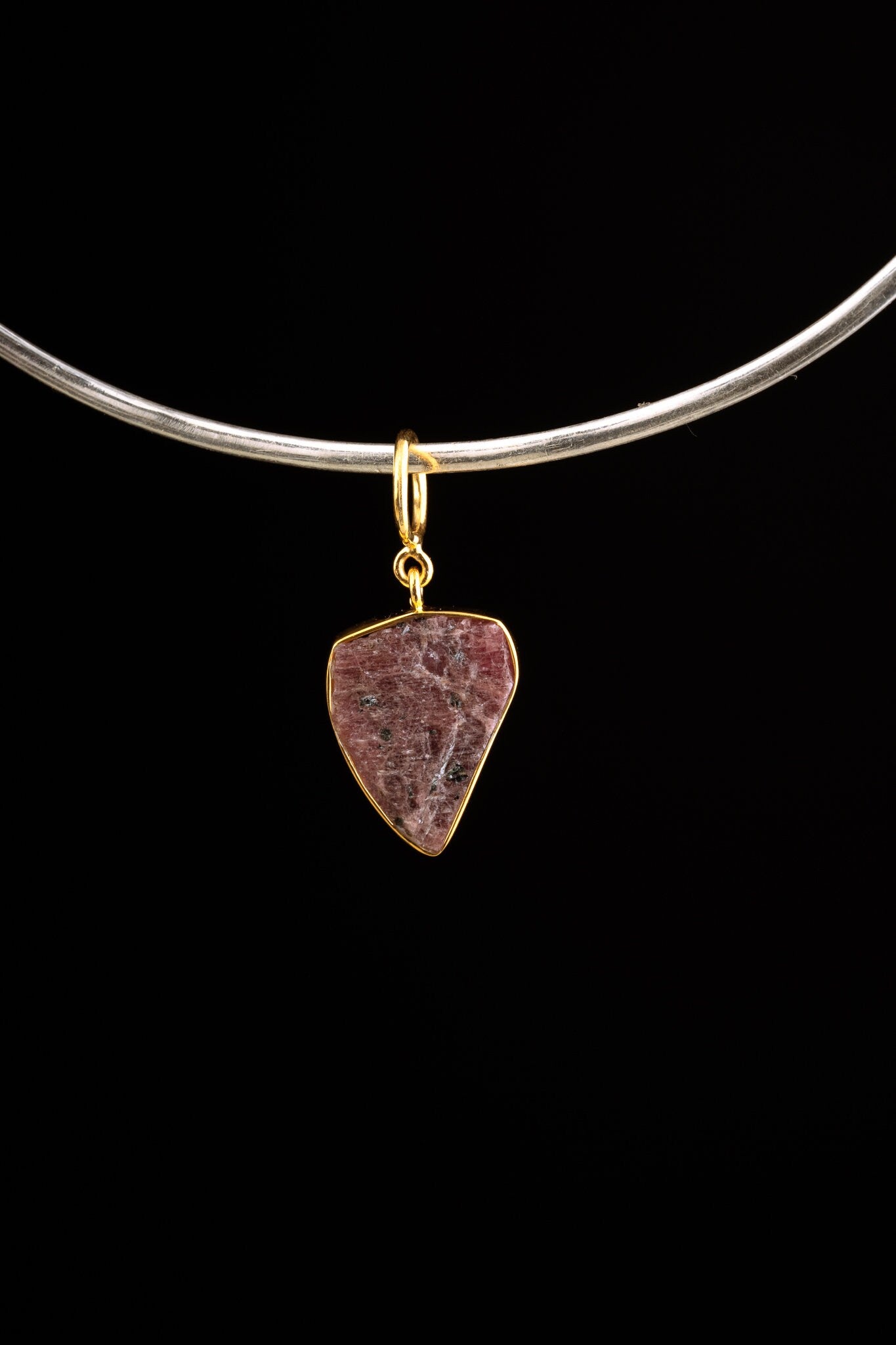Tooth shaped Ruby with record keepers & black Mica inclusions Pendant - Gold Plated Sterling Silver - Crystal Necklace