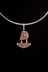 Two raw Indian Rubies with record keepers & black Mica inclusions Dangle Pendant - Gold Plated Sterling Silver - Crystal Necklace