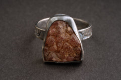 Raw Rhodochrosite - Oxidised 925 Sterling Silver Hammered Ring Band - Size US 6