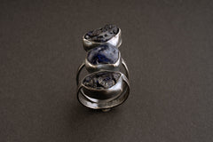 Raw River Tumbled Sapphire - Three Stone Ring - Size 11 3/4 US - 925 Sterling Silver - Hammer Textured Oxidised