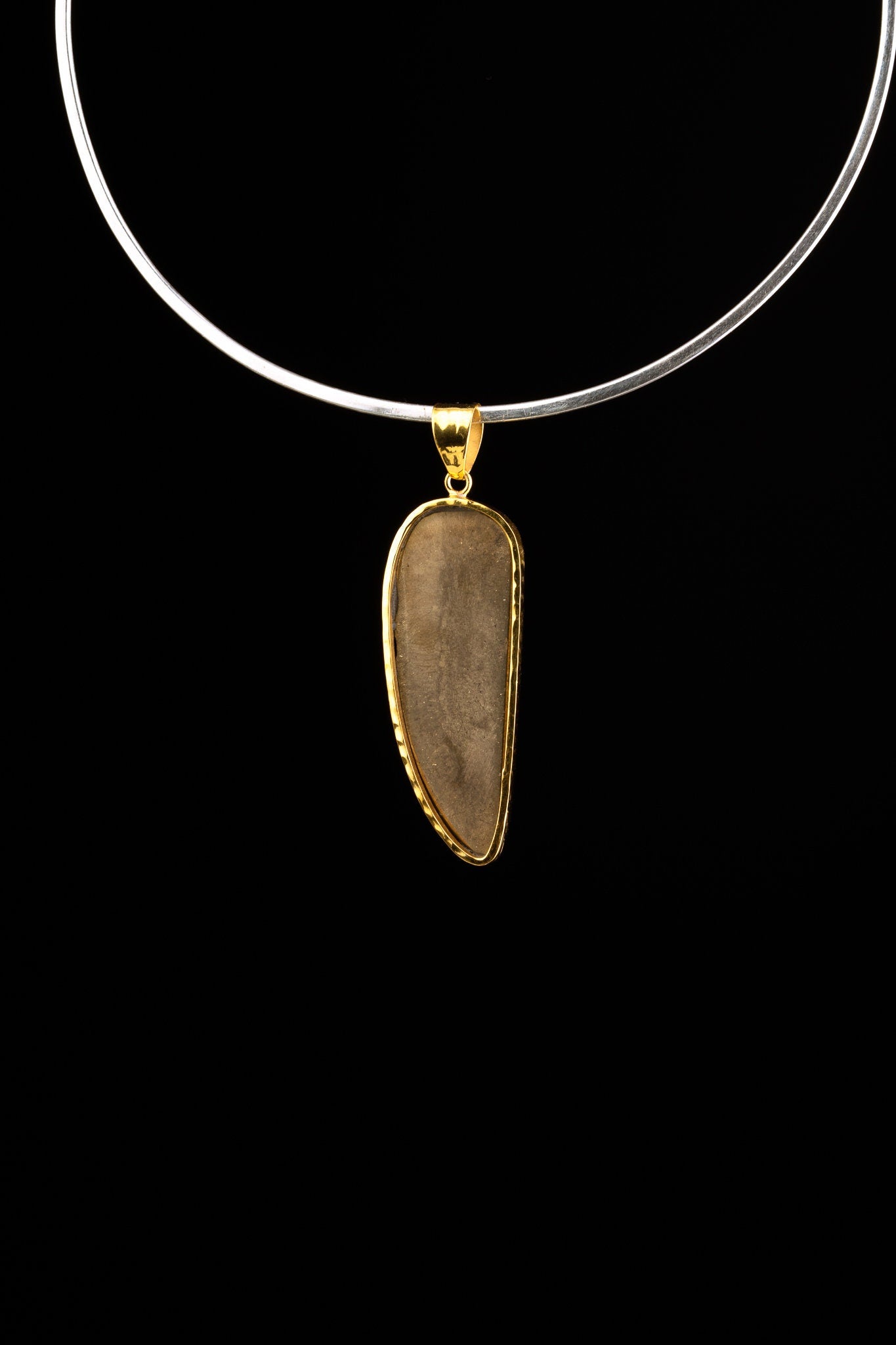 Big gold plated Pyrite semi raw Tooth Cabochon necklace - Gold Plated Textured Sterling Silver Setting - Crystal Pendant