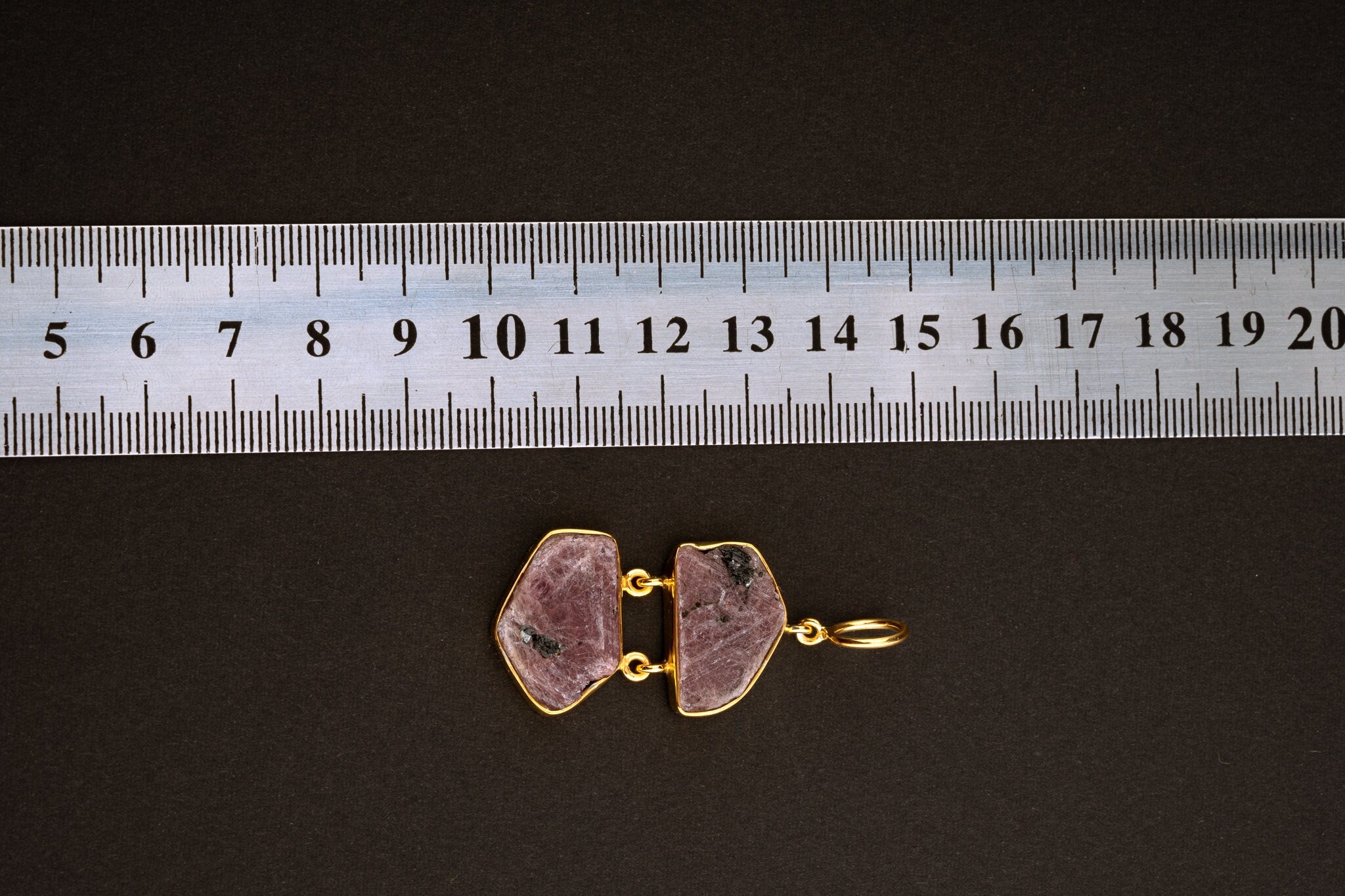 Double raw Indian Ruby with record keepers & black Mica inclusions hinged Pendant - Gold Plated Sterling Silver - Crystal Necklace