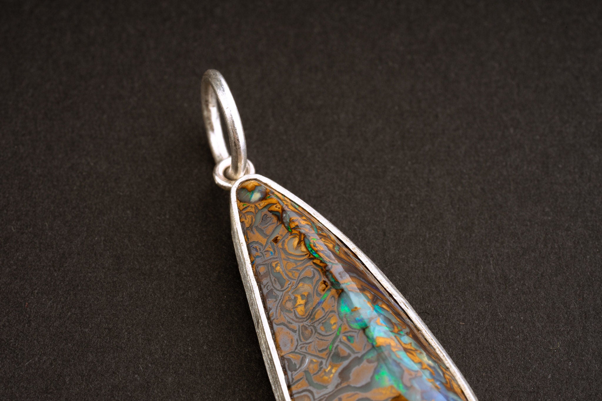 Australian Free Form Cabochon Fiery Matrix Boulder Opal Pendant - Natural Opal - Textured 925 Silver Setting - Crystal Pendant Neckpiece