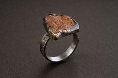 Raw Rhodochrosite - Oxidised 925 Sterling Silver Hammered Ring Band - Size US 6