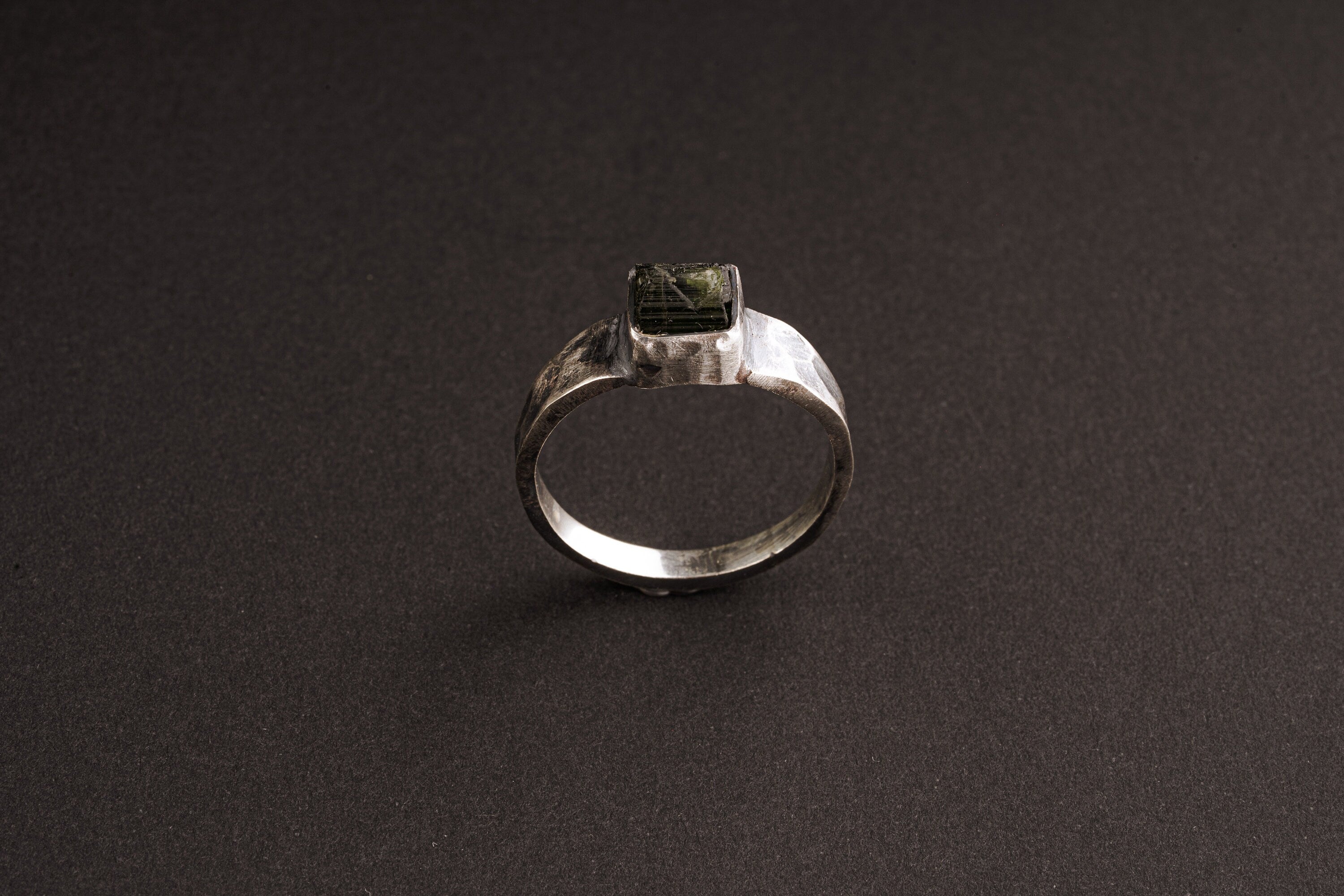 Raw Green Tourmaline - Large ( Men's ) - Size 13 US - 925 Sterling Silver - Hammer Textured Oxidised