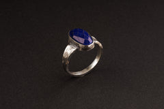 Faceted Lapis Lazuli Cabochon - Large ( Men's ) - Size 12 1/2 US - 925 Sterling Silver - Hammer Textured Oxidised
