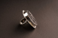 Big oval Raw black Tourmaline Ring - Adjustable Crystal Ring - Textured Band and bezel - Abstract brass dressing - Size 4 - 10 US