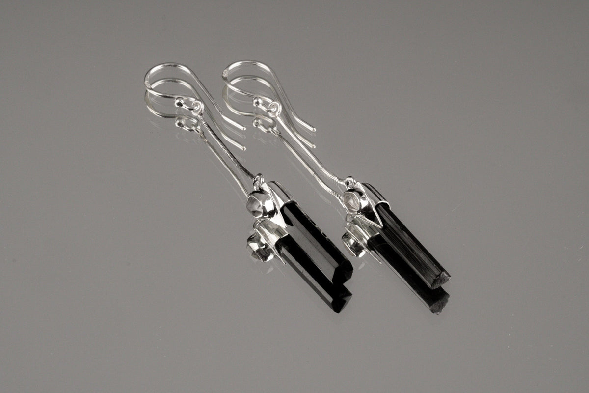 Raw Black Tourmaline Sticks & Herkimer Diamond - 925 Sterling Silver - Dangle Earring
