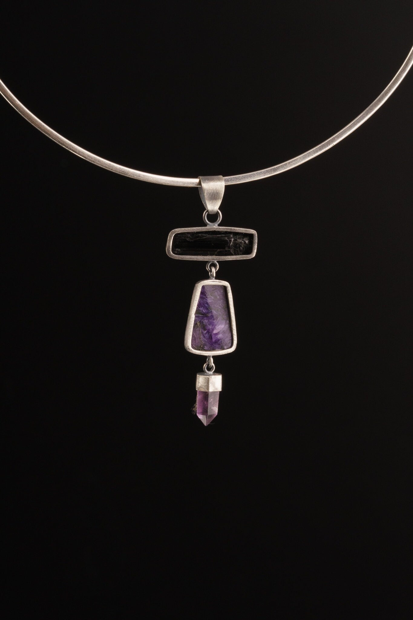AAA Charoite Cabochon natural black Tourmaline sticks & Cut amethyst point - Sterling Silver - Rustic OXEDISED Finish - Pendant