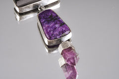 AAA Charoite Cabochon natural black Tourmaline sticks & Cut amethyst point - Sterling Silver - Rustic OXEDISED Finish - Pendant