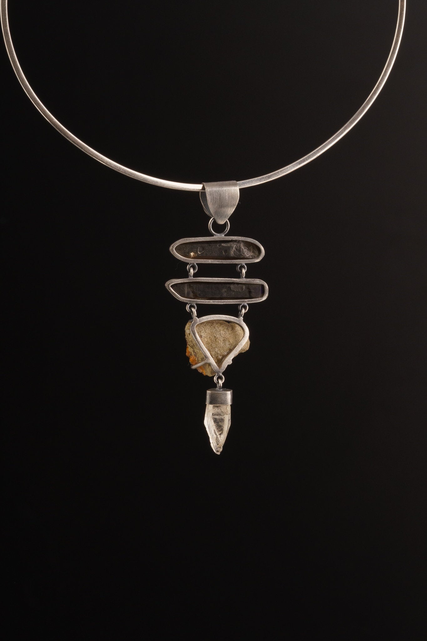 Local Opal on matrix, Smoky Quartz & ancient white quartz with a watchful Labradorite - Textured oxidized Sterling Silver - Crystal Pendant