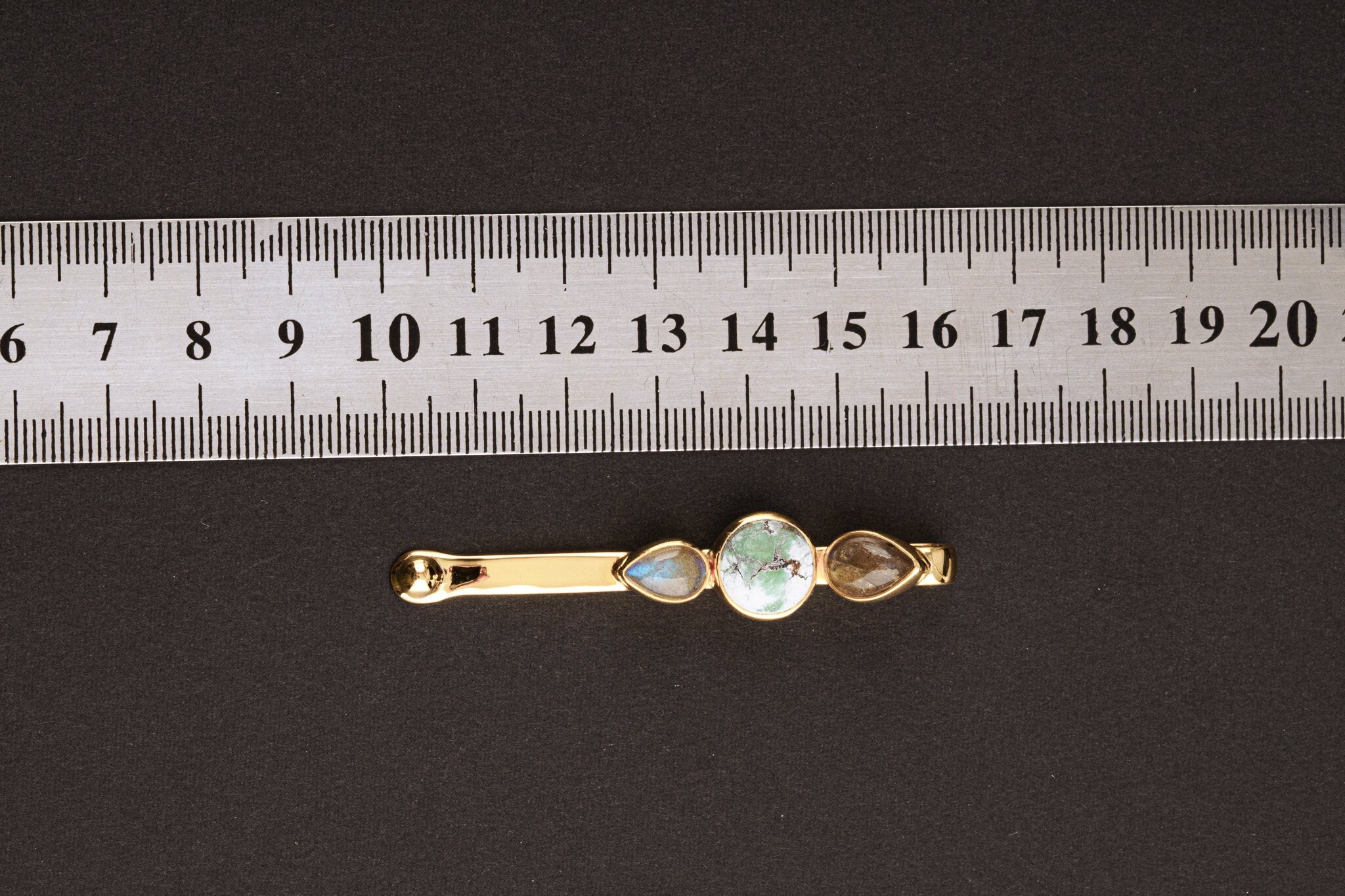 Gem Labradorite & Chrysocolla - Inverted Indian Ceremonial Spoon / Scoop Necklace - 16K Gold plated Cast Sterling Silver