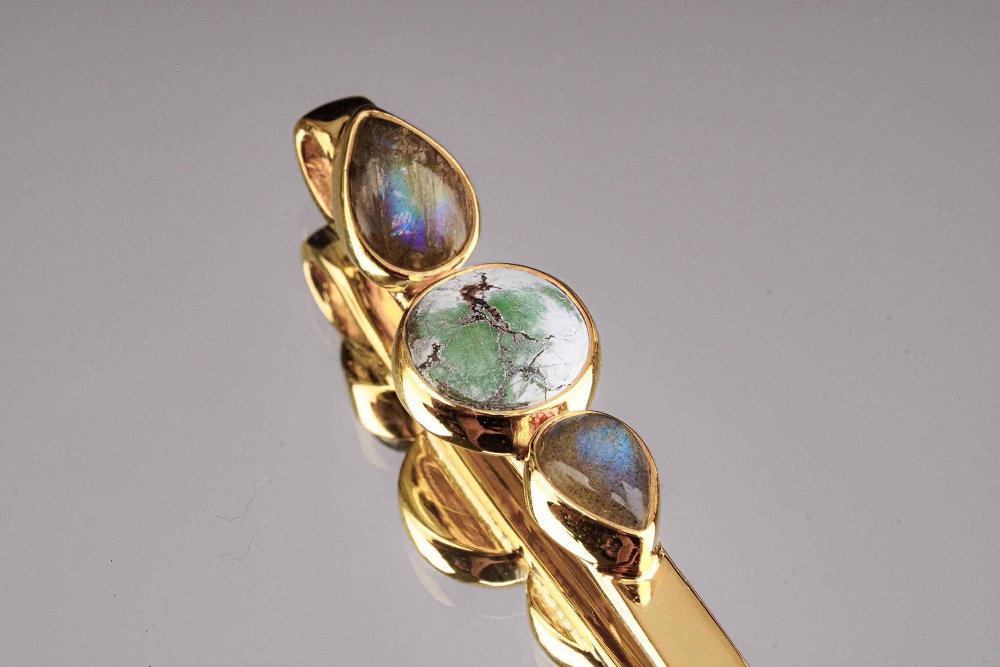 Gem Labradorite & Chrysocolla - Inverted Indian Ceremonial Spoon / Scoop Necklace - 16K Gold plated Cast Sterling Silver