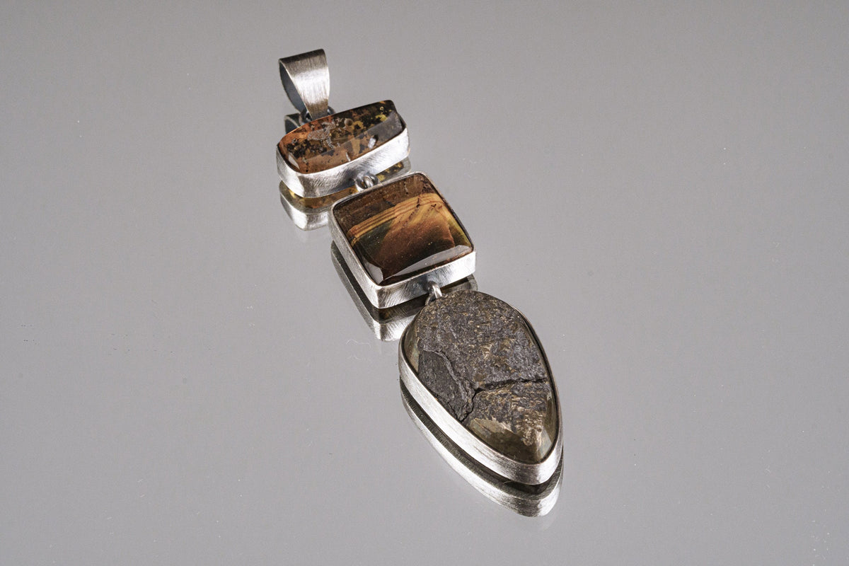 Three Stone Pyrite, Amber & Orange Kyanite - Textured 925 Sterling Silver - Crystal Pendant Neckpiece